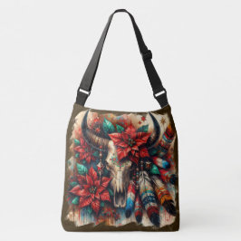 Weihnachtskuh Bull Skull Poinsettias Feathers Tragetaschen Mit Langen Trägern