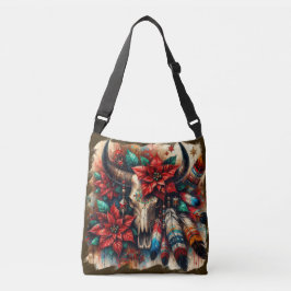 Weihnachtskuh Bull Skull Poinsettias Feathers Tragetaschen Mit Langen Trägern