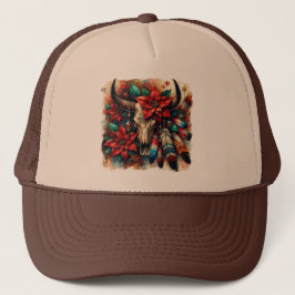 Weihnachtskuh Bull Skull Poinsettias Feathers Truckerkappe