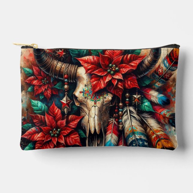 Weihnachtskuh Bull Skull Poinsettias Feathers Zubehörtasche (Vorderseite)