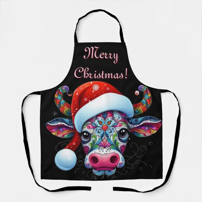Weihnachtskuh Bull Weihnachtsmannmütze Mexikanisch Schürze (Vorderseite)