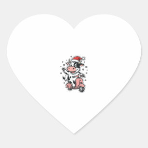 Weihnachtskuh fährt auf rosa Roller Vintage Vektor Herz-Aufkleber