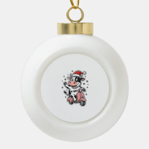 Weihnachtskuh fährt auf rosa Roller Vintage Vektor Keramik Kugel-Ornament