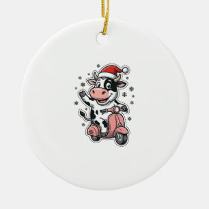 Weihnachtskuh fährt auf rosa Roller Vintage Vektor Keramik Ornament