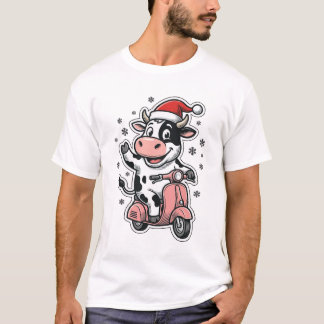 Weihnachtskuh fährt auf rosa Roller Vintage Vektor T-Shirt
