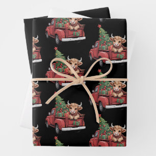 Weihnachtskuh Highland-Rind auf LKW-Bauernhof Weih Geschenkpapier Set