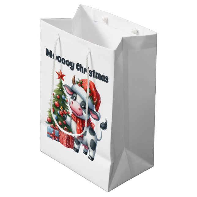 Weihnachtskuh hinzufügen Text Mittlere Geschenktüte (Vorderseite Schrägansicht)