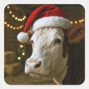 Weihnachtskuh mit Santa-Hut Quadratischer Aufkleber