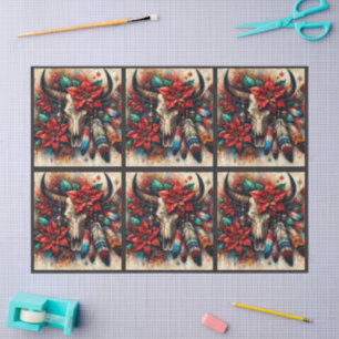 Weihnachtskuh Stierschädel Poinsettien Decoupage Seidenpapier