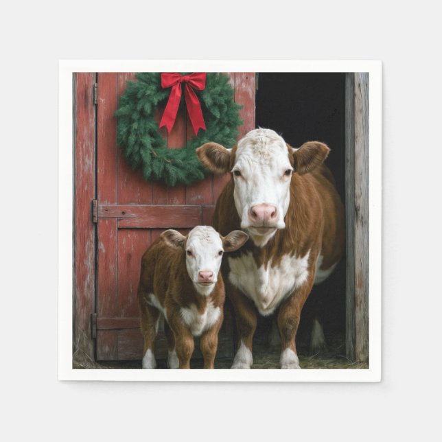 Weihnachtskuh und Kalb Hereford Serviette (Vorderseite)