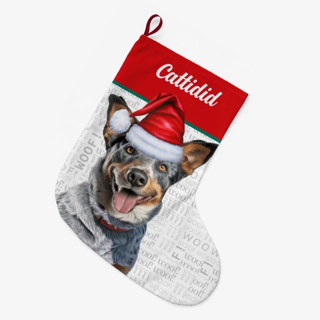 Weihnachtskühe Hund mit Name Woof Hintergrund Großer Weihnachtsstrumpf (Vorderansicht (hängend))