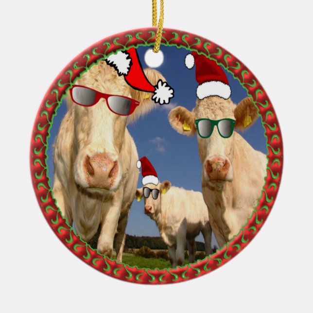 Weihnachtskühe mit Brillengläsern und roten Weihna Keramikornament (Vorne)