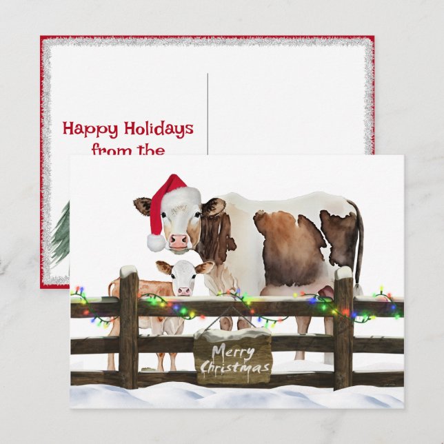 Weihnachtskühe mit Weihnachtsmannmütze Feiertagspostkarte (Vorne/Hinten)