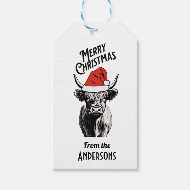 Weihnachtskühe mit Weihnachtsmannmütze Geschenkanhänger (Vorderseite)