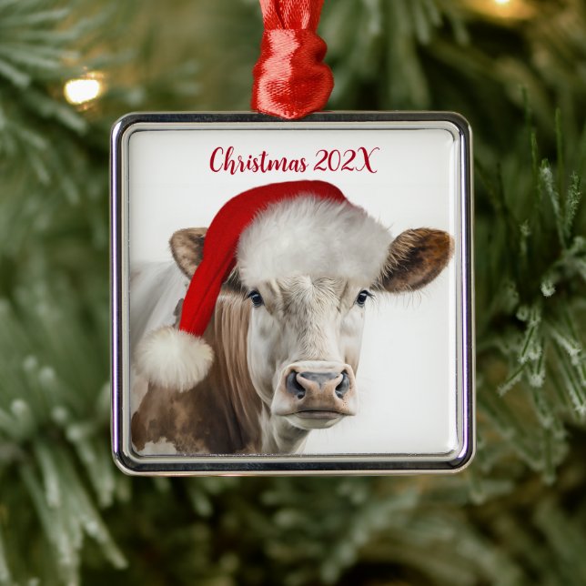 Weihnachtskühe mit Weihnachtsmannmütze Ornament Aus Metall (Baum)