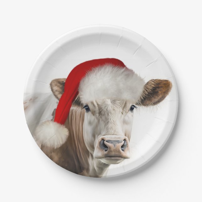 Weihnachtskühe mit Weihnachtsmannmütze Pappteller (Vorderseite)