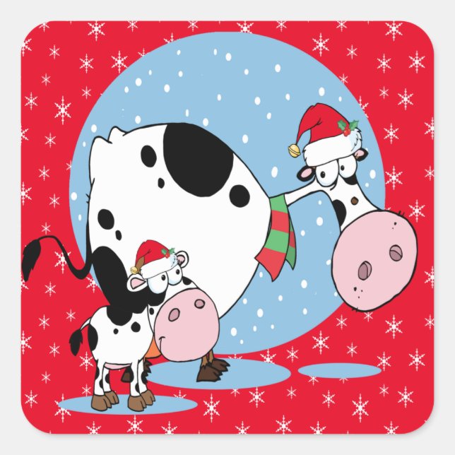Weihnachtskühe mit Weihnachtsmannmützen Quadratischer Aufkleber (Vorderseite)