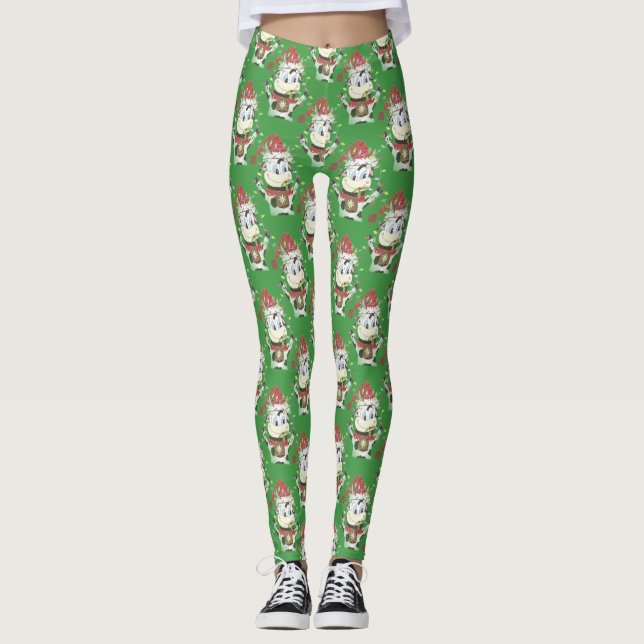 Weihnachtskuhmuster grüne Leggings (Vorderseite)