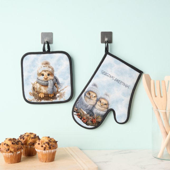 Weihnachtsküken in blau gekleidet ofenhandschuh & Topflappen-Set (Insitu (Hängend))