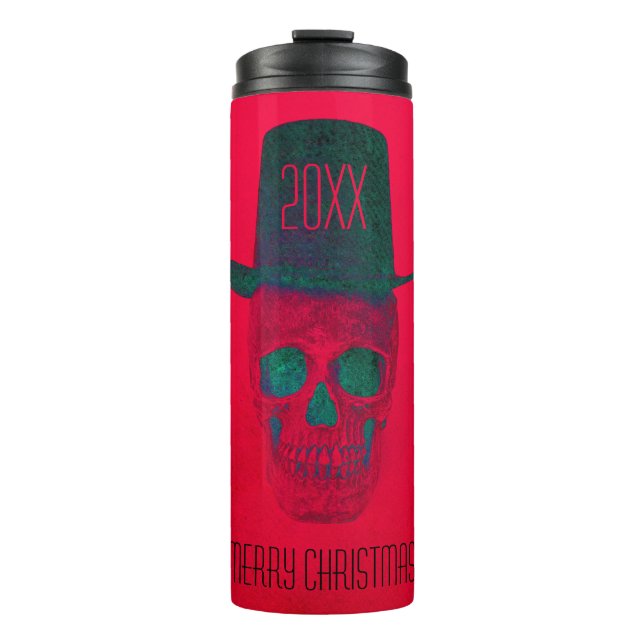 Weihnachtskull mit Top Hat Red Green Halloween Thermosbecher (Vorderseite)