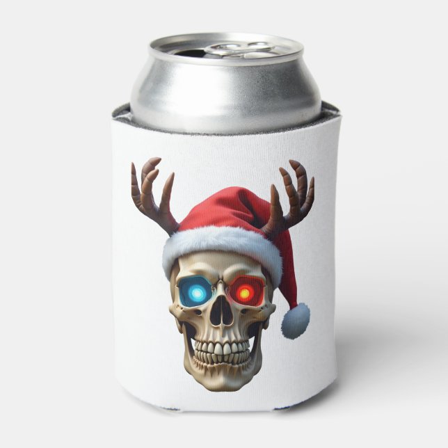 Weihnachtskull mit Weihnachtsmannmütze und Antlers Dosenkühler (Kanne Vorderseite)