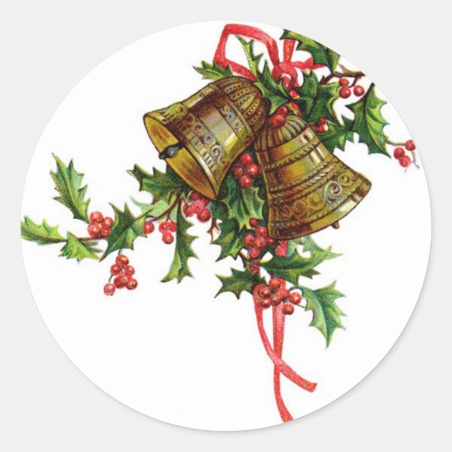 Weihnachtskunst Holly und Bells Dekorationen Runder Aufkleber (Vorderseite)
