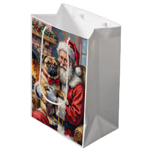 Weihnachtskunst: Santa Claus mit Pug Mittlere Geschenktüte