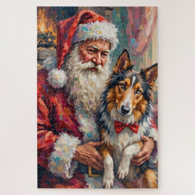Weihnachtskunst: Santa Claus mit Rough Collie (Vertikal)
