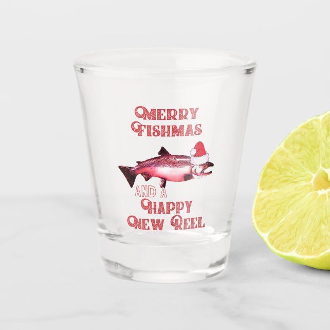 Weihnachtslachs Fischen Pub Weihnachtsmannmütze Schnapsglas (Vorderseite)