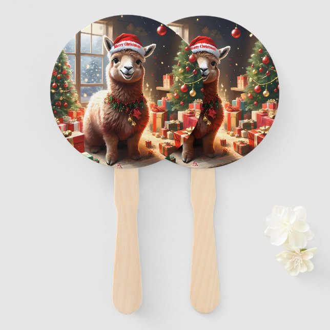 Weihnachtslama mit Weihnachtsmannmütze, Fächer (Vorne und Hinten)