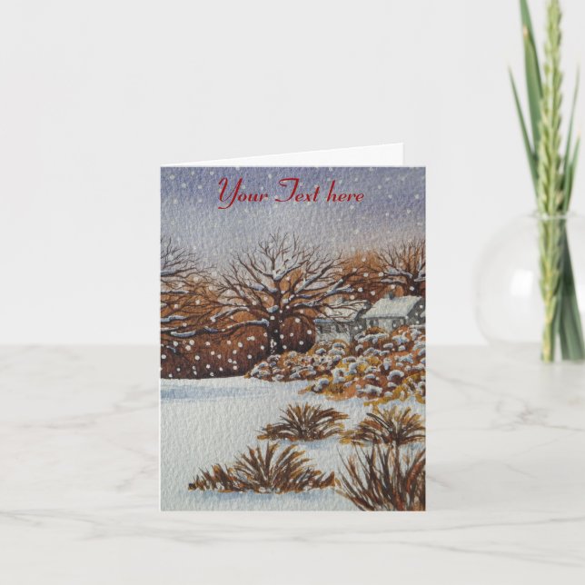 Weihnachtsländliche Hüttenschnee-Szenenkunst Feiertagskarte (Vorderseite)