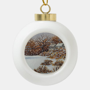 Weihnachtsländliche Hüttenschnee-Szenenkunst Keramik Kugel-Ornament