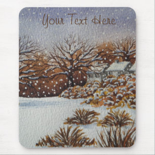 Weihnachtsländliche Hüttenschnee-Szenenkunst Mousepad