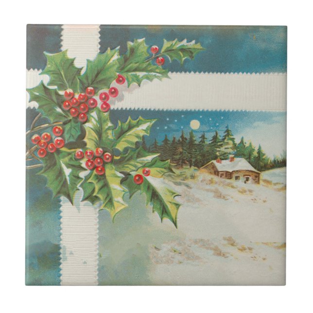 Weihnachtslandschaft Holly Snow Winter Fliese (Vorderseite)