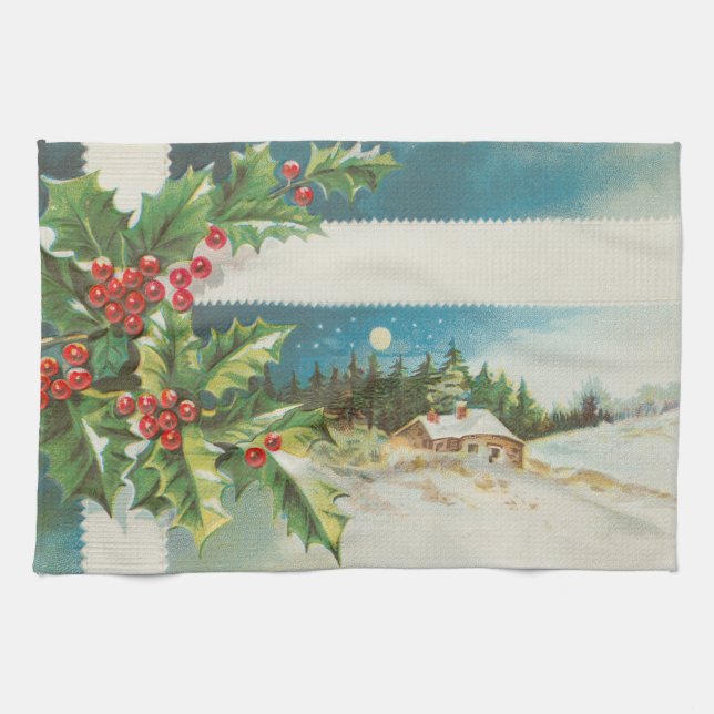 Weihnachtslandschaft Holly Snow Winter Geschirrtuch (Horizontal)