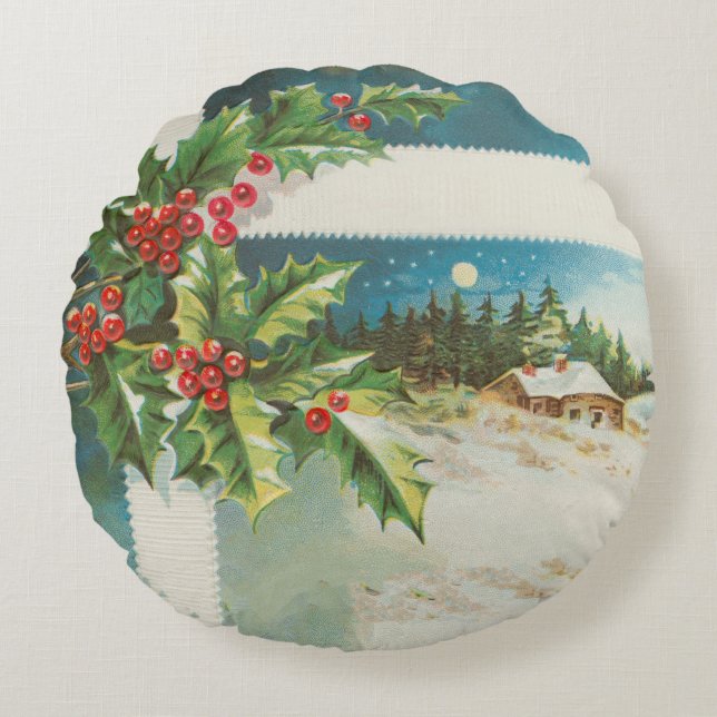 Weihnachtslandschaft Holly Snow Winter Rundes Kissen (Vorderseite)