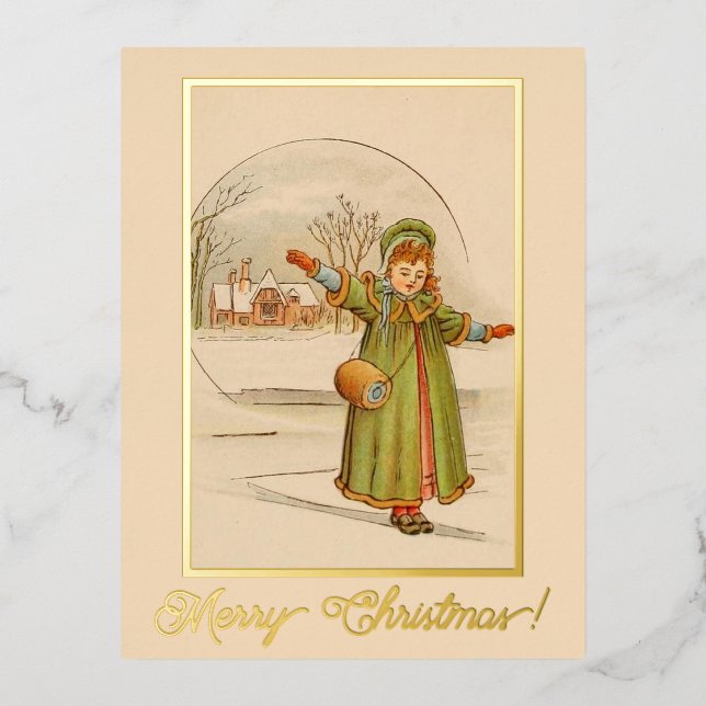 Weihnachtslandschaft Kindermädchen Grünes Kleid Folien Feiertagspostkarte (Vorderseite)