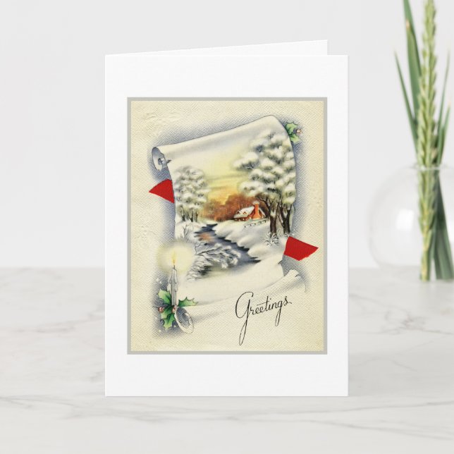 Weihnachtslandschaft Scroll Vintag Feiertagskarte (Vorderseite)