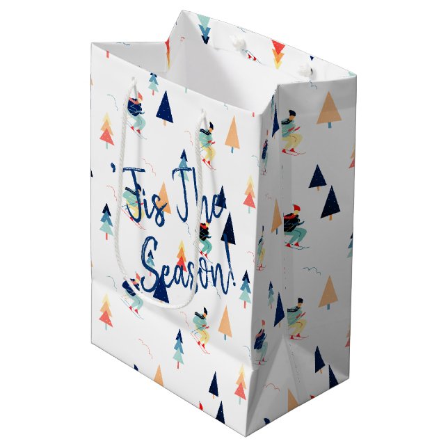 Weihnachtsläufer auf Weiß Mittlere Geschenktüte (Vorderseite Schrägansicht)
