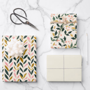 Weihnachtsleaf Grün Elfenbeinrosa Gold Geschenkpapier Set