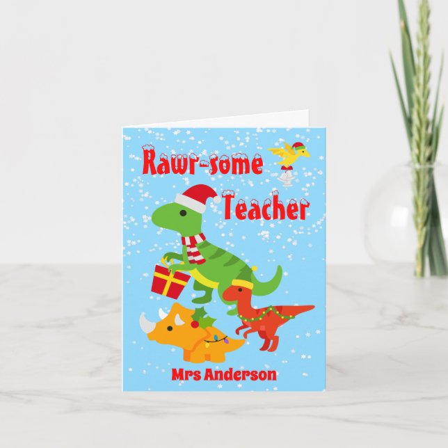 Weihnachtslehrer Wertschätzung Kinder Dinosaurier Dankeskarte (Vorderseite)