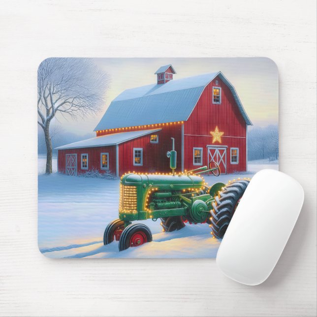 Weihnachtsleuchten auf einem grünen Bauerntraktor Mousepad (Mit Mouse)
