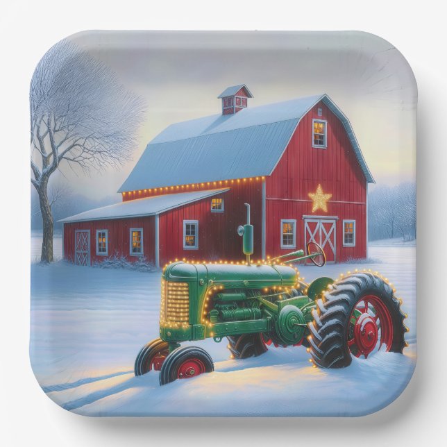 Weihnachtsleuchten auf einem grünen Bauerntraktor Pappteller (Vorderseite)