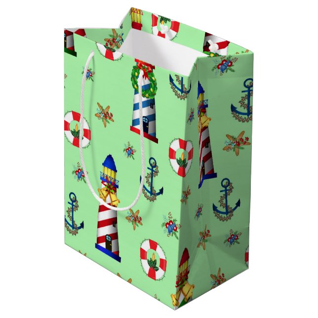 Weihnachtsleuchten im grünen Hintergrund Mittlere Geschenktüte (Rückseite Schrägansicht)