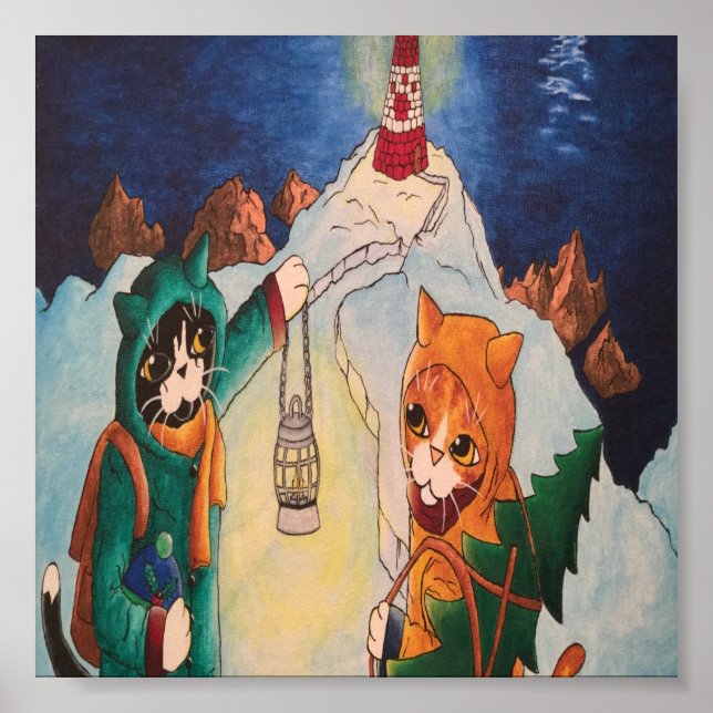 WeihnachtsLeuchtturm bei Nachtkatzen Poster (Vorne)