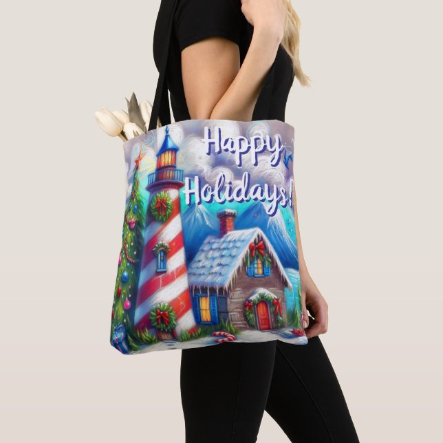 WeihnachtsLeuchtturm Nautical Personalisiert Tasche (Von Nahem)