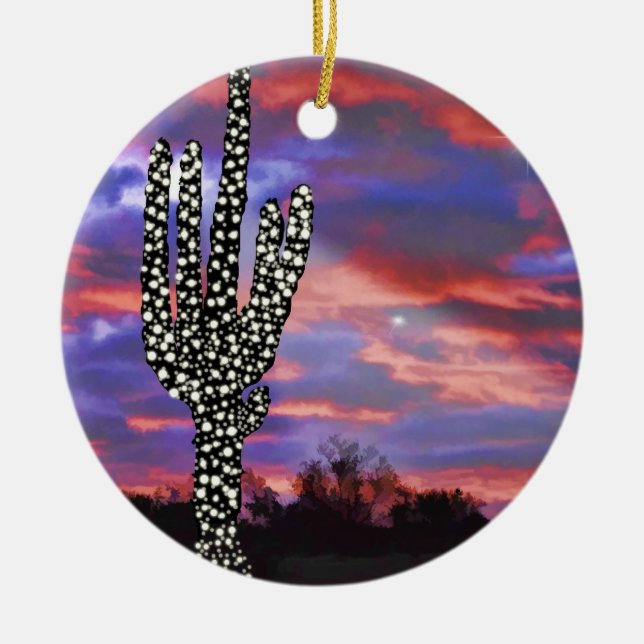 Weihnachtslicht auf Wüste Saguaro Kaktus Keramikornament (Vorne)