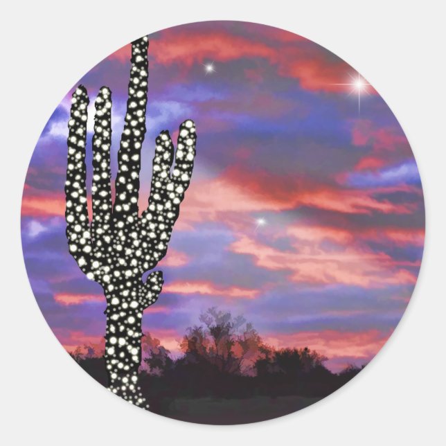Weihnachtslicht auf Wüste Saguaro Kaktus Runder Aufkleber (Vorderseite)