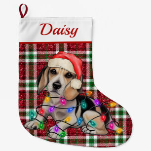 Weihnachtslicht Beagle Funkelnd Kariert Tartan Großer Weihnachtsstrumpf