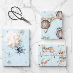 Weihnachtslicht Blaue Schneeflocken Hirsch Kokosnu Geschenkpapier Set